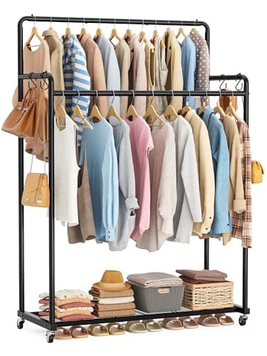 Image of HOMIDEC Clothes Rail,Metal Clothes Rack with Hooks, Double Rads Heavy Duty Clothing Rail for Bedroom,Portable Clothing Rack Clothes Storage Shelf,Hold up to 85 kg,Blcak