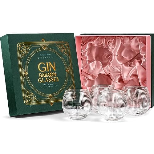 Image of Vintage Art Deco Gin and Tonic Balloon Glasses | Set of 4 | 400 ml Stemless Crystal Copas for Drinking Gin Cocktails | Retro Gift Goblets for Gin Lovers | Fishbowl Bubble Cups for Bar Drinks
