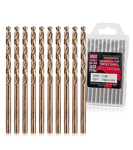 Image of LUCKUT 1/8" Cobalt Drill Bit Set - Jobber Length and Straight Shank Twist Drill Bit, 1/4 Inch Fractional Size M35 HSS Drill Bits for Hard Metal, Stainless Steel and Iron (10pcs)