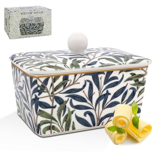 Image of The Leonardo Collection William Morris Willow Bough Ceramic Butter Dish with Lid, Fine China, Rectangular, Dishwasher Safe, Glossy Finish, 17 x 10 x 10 cm