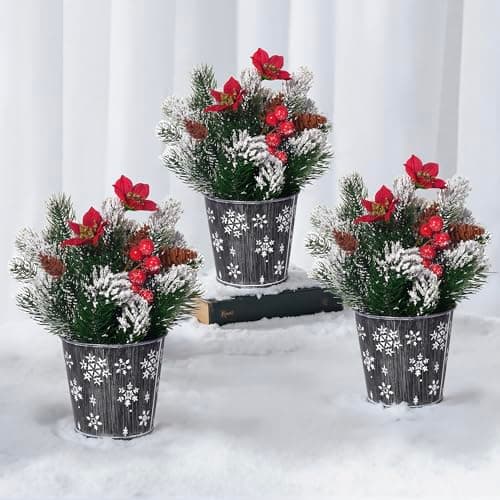 Image of UoYeet 3 Pack Potted Snow-Frosted Norfolk Pine Artificial Christmas Flower Arrangements with Poinsettias, Berries & Pine Cones in Metal Pots