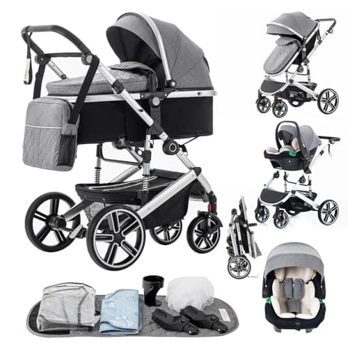 Image of Zkiprm 3 in 1Travel System, Waterproof Baby Pram with Seat, Pushchair with Height Adjustable Handle, City Strollers | Complete Accessories | Anti-Vibration for 0-4 Years (Grey)