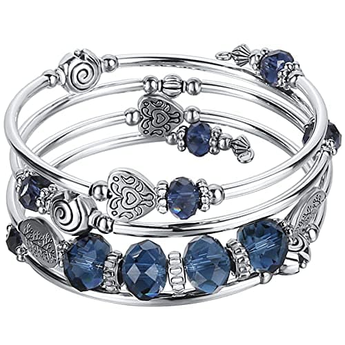 Image of BULINLIN Crystal Beads Layered Bangle Bracelet, Silver Plated Metal Wrap Bracelet with Pearl, Jewellery Gifts for Women Ladies Friends（23-Navy Blue）