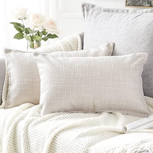 Image of Artscope Beige Cushion Cover Set of 2 Linen Decorative Square Pillowcase Pillow Cover 30x50cm for Home Decor Sofa Bedroom Car 12x20 Inch