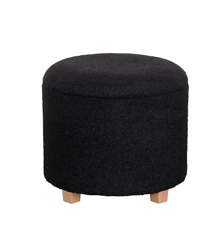 Image of La Maison Large Boucle Ottoman Storage Living Room Hallway Seat Bench Stool Teddy Removable Lid Stylish Practical Footstool Pouffe Wooden Legs (Black, Round Stool)