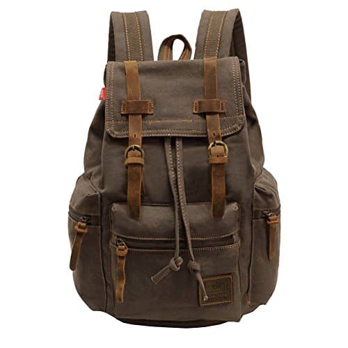 Image of Vintage Unisex Casual Leather Backpack Canvas Rucksack Bookbag Satchel Hiking Backpack Travel Outdoor Shouder Bag (Brown)
