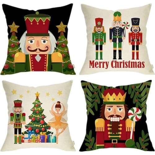 Image of Lpitoy Nutcracker Christmas Throw Pillow Covers Set of 4, Green Nutcracker Decorative Holiday Pillow Case Cushion Cover 45 X 45 for Indoor Home Bedroom Couch Sofa Xmas Decoration