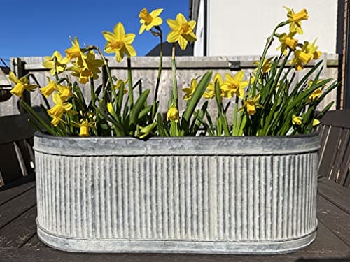 Image of Galvanised Zinc Ribbed Metal 44cm Pot Planter | Round Oval Garden Flower Plant Pot Metal Steel Trough Vintage Antique S