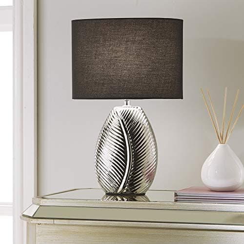 Image of Silver Ceramic Table Lamp with Leaf Design and Black Cotton Lamp Shade, A Beautiful Modern Addition to Any Home