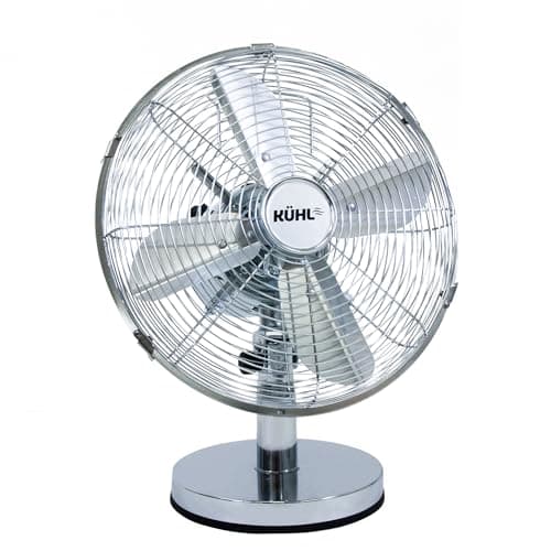 Image of KÜHL 12" Chrome Desk Fan Electric Oscillating Metal Cooling Fan with 3 Speed Settings | Adjustable Tilt | Table Fan for Home, Office or Bedroom | Easy to Assemble