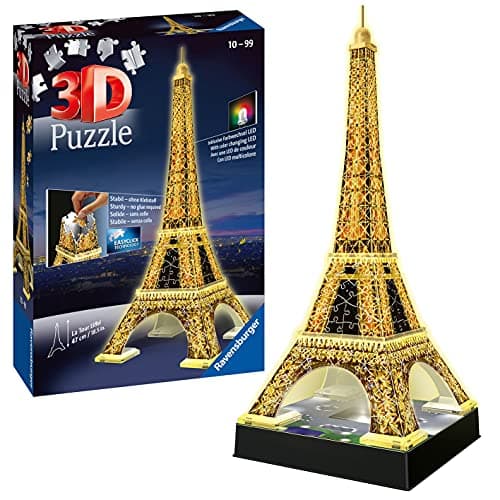 Image of Ravensburger Eiffel Tower 3D Jigsaw Puzzle for Adults and Kids Age 12+, Night Edition with LED Lighting - 216 Pieces - No Glue Required