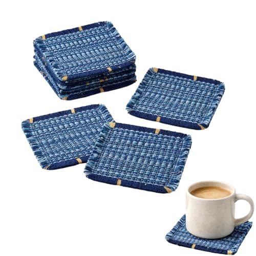 Image of PINE WAVES Boho Coastal Fabric Coasters, Set of 6 Handwoven Blue Drink Coasters, Cotton Table Decor for Coffee Tea Cocktails, Housewarming Gift