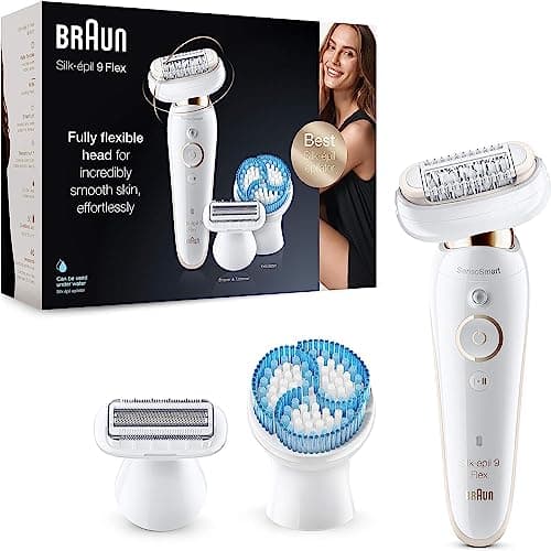 Image of Braun Silk-épil 9 Flex Epilator With Flexible Head for Easier Hair Removal, Electric Shaver & Trimmer, Exfoliator, Pressure Guide, Wet & Dry, UK 2 Pin Plug, 9-010, White/Gold