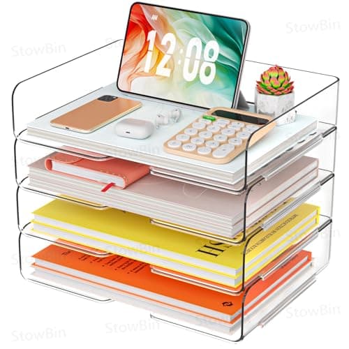 Image of 4 Pack A4 Acrylic Letter Tray – Clear Document Organizer, Sturdy Premium Stackable Filing Organizer Trays for Magazines, Notes, A4 Size File Paper, Transparent Desk Tray