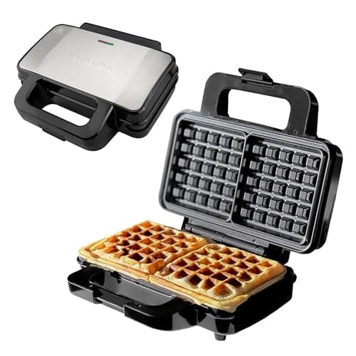 Image of Schallen Waffler Maker | Large 2 Slice Square Non-Stick Hot Plates | Temperature Controlled Belgian Waffle Making Machine for Breakfast or Snacks | Stainless Steel | Black & Silver