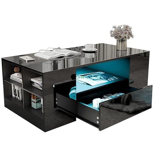 Image of Blisswood Led Coffee Table with 2 Drawer Storage, High Gloss Coffee Table for Living Room Wooden Centre Table with RGB Led Lights Rectangle Tea Table for Living Room Furniture, Black