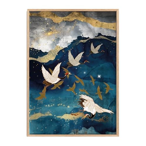 Image of Elegant Blue & Gold Abstract Birds Print | Modern Oriental Home Decor | Gilded Mountains & Sky Artwork for Living Room, Bedroom, or Office (Navy Gold Cranes, A3-29.7x42cm, Unframed)