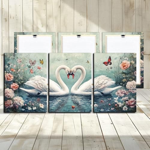 Image of Couple Swans Canvas Wall Art - White Lover Swans on Lake and Rose Flowers Landscape Wall Picture for Living Room Bedroom Office Decorative Wooden Framed Print Poster Artwork 12x16 Inch 3 Panels