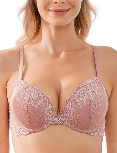 Image of WingsLove Women's Push up Bra Floral Lace Padded Underwire Bra Demi Plunge Rose Pink