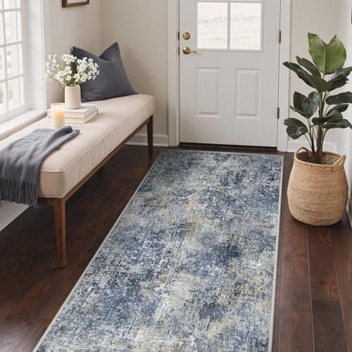 Image of GENIMO Rug Living Room 80x150cm, Long Modern Abstract Area Rugs Washable, Non-Slip Floor Carpet, Low Pile, Non-Shedding, Dining Room, Bedroom, Kitchen, Indoor, Multi-Tone Blue Abstract