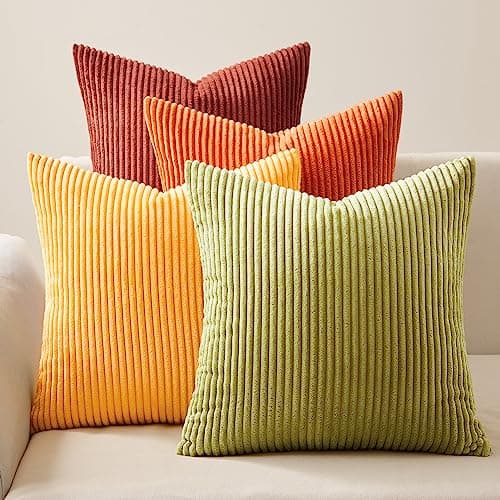 Image of Topfinel Yellow and Orange Cushion Covers 40cm x 40cm Winter Sofa Bed Colorful Cushions Soft Pillow Case Corduroy Decorative Cushions Pillow Cover for Livingroom Bedroom Invisible Zipper,Set of 4