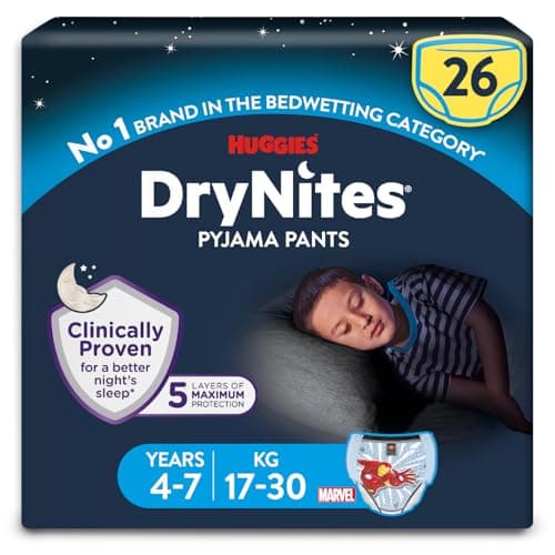Image of Huggies DryNites Pyjama Pants, Boys 4-7 Years (17-30KG), Up to 100% Leak Free Nights, Bedwetting Pants, 26 Count