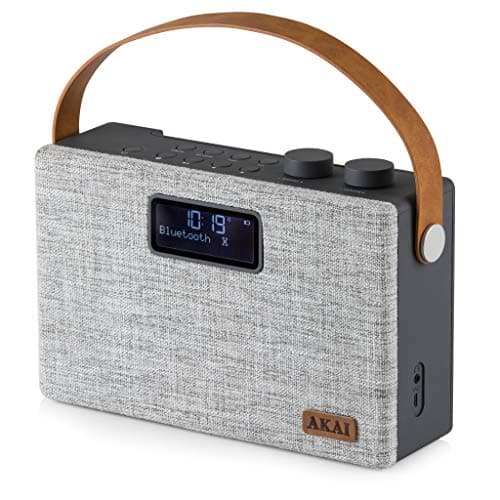 Image of Akai A61029 Beautifully designed Portable FM/DAB Radio with Bluetooth, Rechargeable battery with 8 hours playback, Large LCD Display, leather strap for easy portability, 5 W Speaker, Grey Fabric