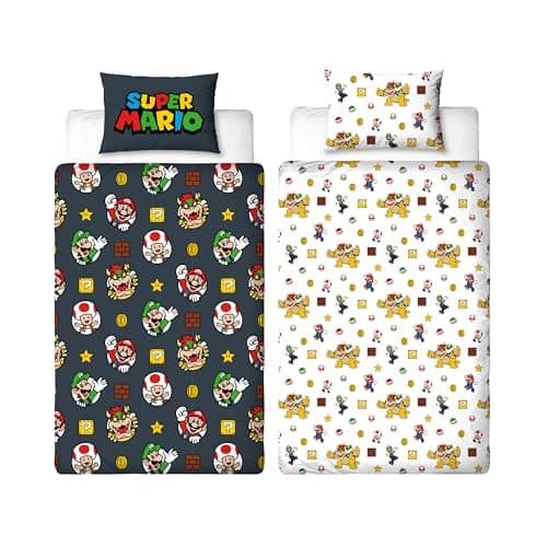 Image of Nintendo Super Mario Official Single Duvet Cover Set with Mario, Luigi and Bowser Design | Black Reversible 2 Sided Bedding Cover Official Merchandise Including Matching Pillow Case