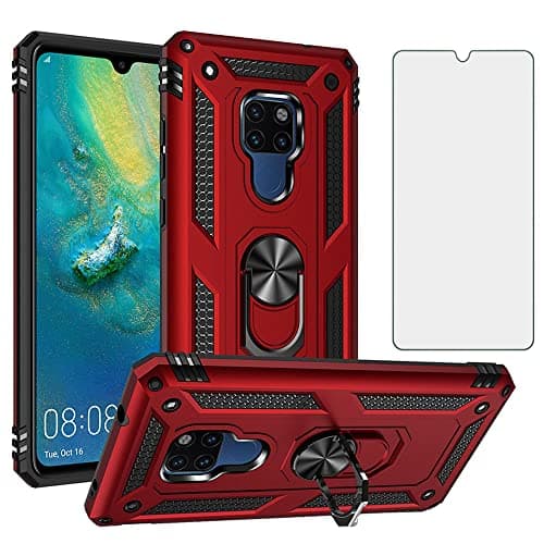 Image of Phone Case for Huawei Mate 20 X with Tempered Glass Screen Protector Cover Stand Ring Holder Shockproof Silicone Heavy Duty Accessories Magnetic Metal Hard Hawaii Hwauei 20x Mate20x Mate20 5G Red