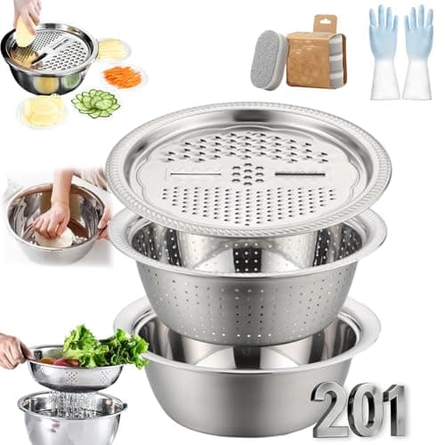 Image of Germany Multifunctional Stainless Steel Basin, 5 in 1 Shredding & Drainage Chopping Basin, for Grater, Slicer, Mincing, Straining, Dough, Beat Eggs, Serving, a Daily Tool(9.45in)