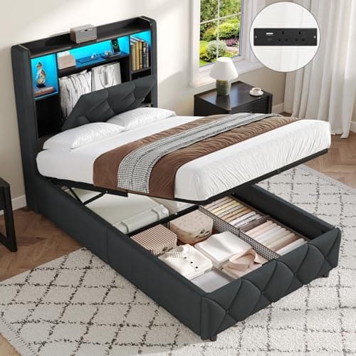 Image of Brinlawb 3ft Ottoman Single Bed Frame with Charging Station & LED Lights, Single Bed Frame with Hydraulic Lift Mechanism, Upholstered Storage Headboard, Lift-Up Underbed Storage, Easy Operation, Grey