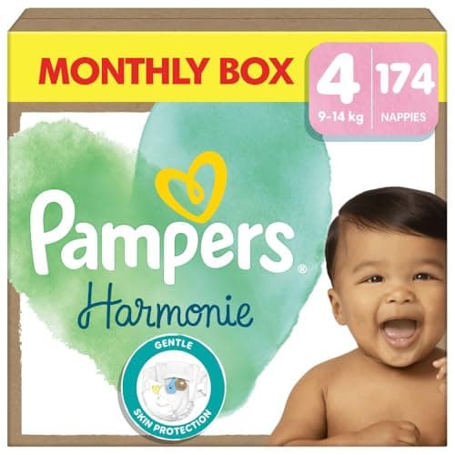 Image of Pampers Harmonie Nappies Size 4, 174 Nappies, 9kg-14kg, Monthly Pack, Gentle Skin Protection with 100 Percent Pampers Protection