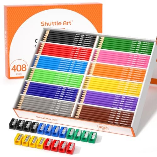 Image of Shuttle Art 408 Pack Colouring Pencils Bulk, Coloured Pencil Set for School Plus 20 Sharpeners, 12 Colours School Pack Colouring Pencils for Kids, Class pack School Supplies