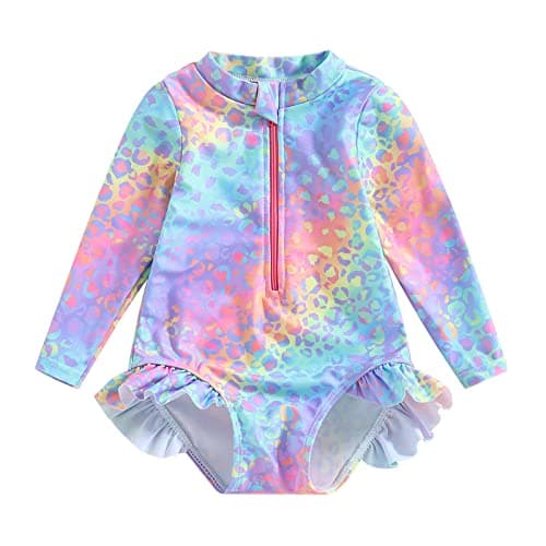 Image of Toddler Baby Girl Swimming Costume Long Sleeve Zip Up Ruffle Mermaid Swimsuit Fish Scale Pattern Sun Protection Rash Guard Swimwear One Piece Bathing Suits Summer Beachwear (Blue Pink, 2-3 Years)