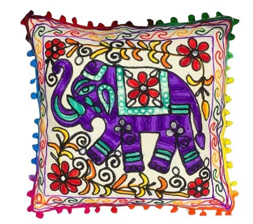 Image of Original Kikan Floral Suzani Elephant Cushion Cover with Pom Poms Indian Cotton Embroidered Vegan Freiendly (16 x16 inches) 40 x 40 cms