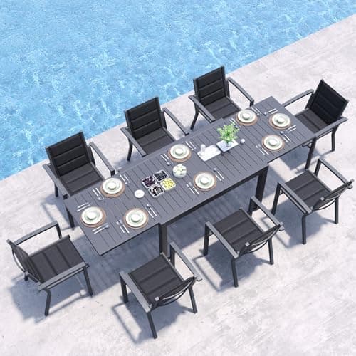 Image of JUMMICO Garden Table and Chairs Set, Extendable Table + 8 Stackable Textilene Chairs, Aluminium Frame Space-Saving Outdoor Dining Set for Patio & Garden – Dark Grey