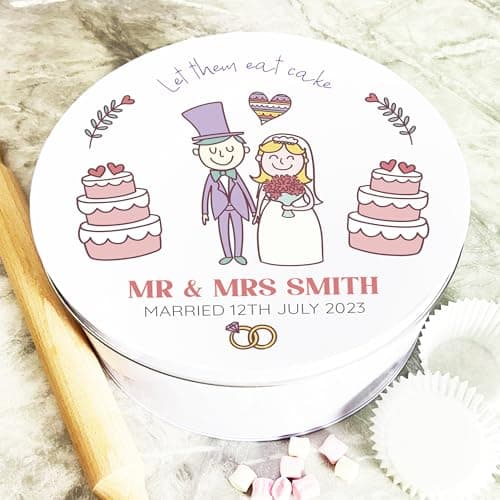 Image of Round Wedding Mr & Mrs Let Them Eat Personalised Cake Tin Personalised Gift | Custom Gift | Personalized Tin | Cake, Biscuit & Treat Tins | Gift For Her | Gift For Him