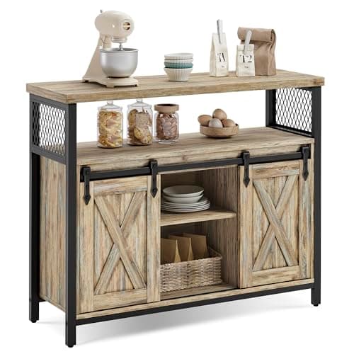 Image of VASAGLE Sideboard, Kitchen Cabinet, Storage Cupboard, with 2 Sliding Barn Doors, 33 x 100 x 80 cm, Adjustable Shelves, for Living Room, Turquoise Brown and Ink Black LSC092B60