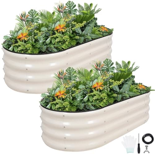 Image of Galvanized Metal Raised Garden Bed Kit - 120x60x30CM Outdoor Planter Box with Safety Edging and Gloves for Vegetables, Fruits, Flowers.White-2Pack