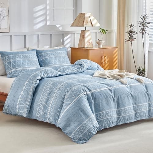 Image of Lekesky King Size Duvet Cover Sets Blue Bedding - Boho Stripe Print Bedding Sets King Size (1x Quilt Cover, 2x Pillowcases) Ultra-Soft Microfiber Blue Duvet Cover