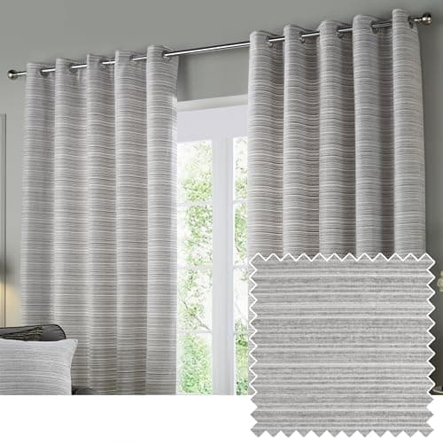Image of Paoletti Jupiter Room Darkening Eyelet Curtain Pair – Elegant Jacquard Chenille Lined Ring Top Drapes (Silver - 168x229cm)