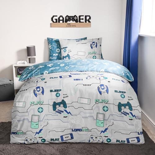 Image of OHS Gaming Bedding Single, Reversible Single Duvet Quilt Covers for Boys Girls Kids Duvet Covers with Pillowcase Ultra Soft Comfy Quilt Covers Bed Set, Blue/Grey