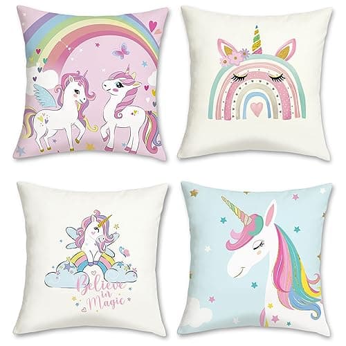 Image of Bonhause Unicorn Cushion Covers 45 x 45 cm Rainbow Blue Pink Decorative Throw Pillow Covers for Girls Kids Room Decor Set of 4