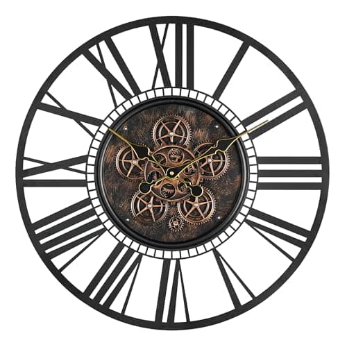 Image of Maxstar Large Moving Gear Wall Clock for Living Room Decor,Vintage Industrial Steampunk,Metal Wall Clock Decorative for Home Office,Dinning Room,Farmhouse(Black Metal,Roman Number,24 INCH)