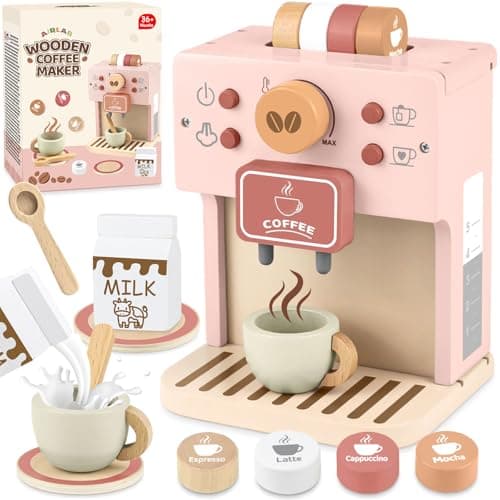 Image of Airlab Wooden Coffee Machine Toy, Pretend Play Kitchen Accessories, Barista Shop Role Play Set with Toy Food, Outdoor Picnic & Afternoon Tea Party Toys for Girls Boys Age 3-5 Years