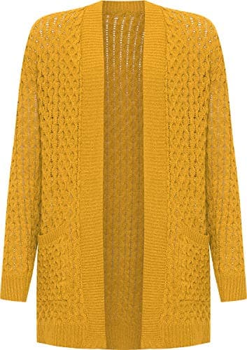 Image of WearAll Women's Plus Cable Knitted Open Pocket Cardigan Chunky Long Sleeve Grandad - Mustard - 16-18