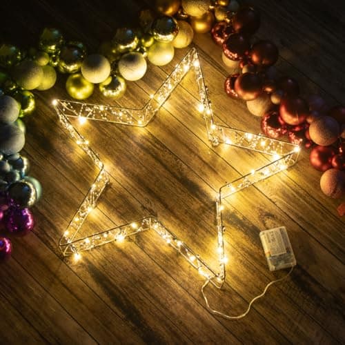 Image of The Christmas Workshop 73839 Metal Christmas Star Light/White LED Lights/Reflective Acrylic Beads / 6 Hour Timer Function/Battery Powered / 50 x 50cm Size