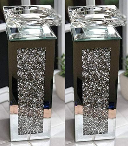 Image of Set of 2 Crushed Diamond Crystal candle holder Tealight holder Clear Silver Mirror Glass Tall Pillar Taper Candle Holder Home Decor Wedding 25cm