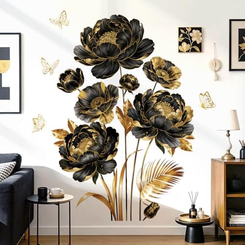 Image of Peelora Large Black Gold Flower Wall Stickers Floral Butterfly Gold Leaves Plants Wall Decals Living Room Bedroom Tv Background Self-Adhesive Home Decor Stickers
