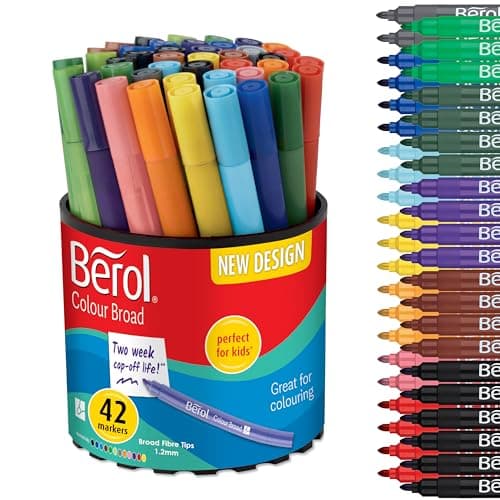 Image of Berol Felt Tip Colouring Pens | Broad Point (1.2mm) | Assorted Colours with Washable Ink | Tub of 42 Markers
